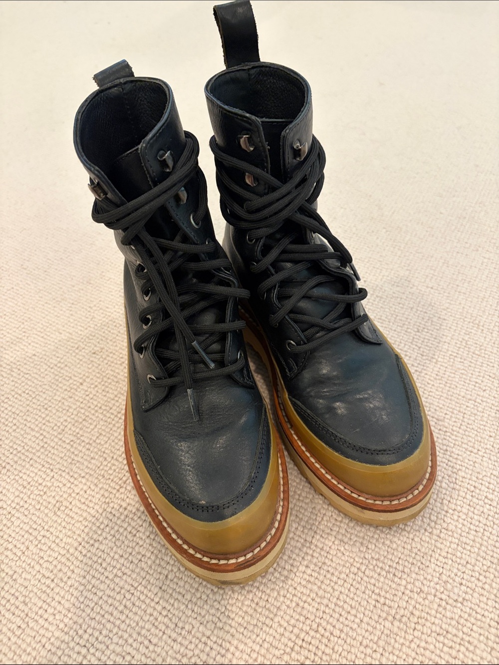 Diemme x Ulla Johnson Black Leather Lace-Up Boots with Tan Trim, size 5.5/6
